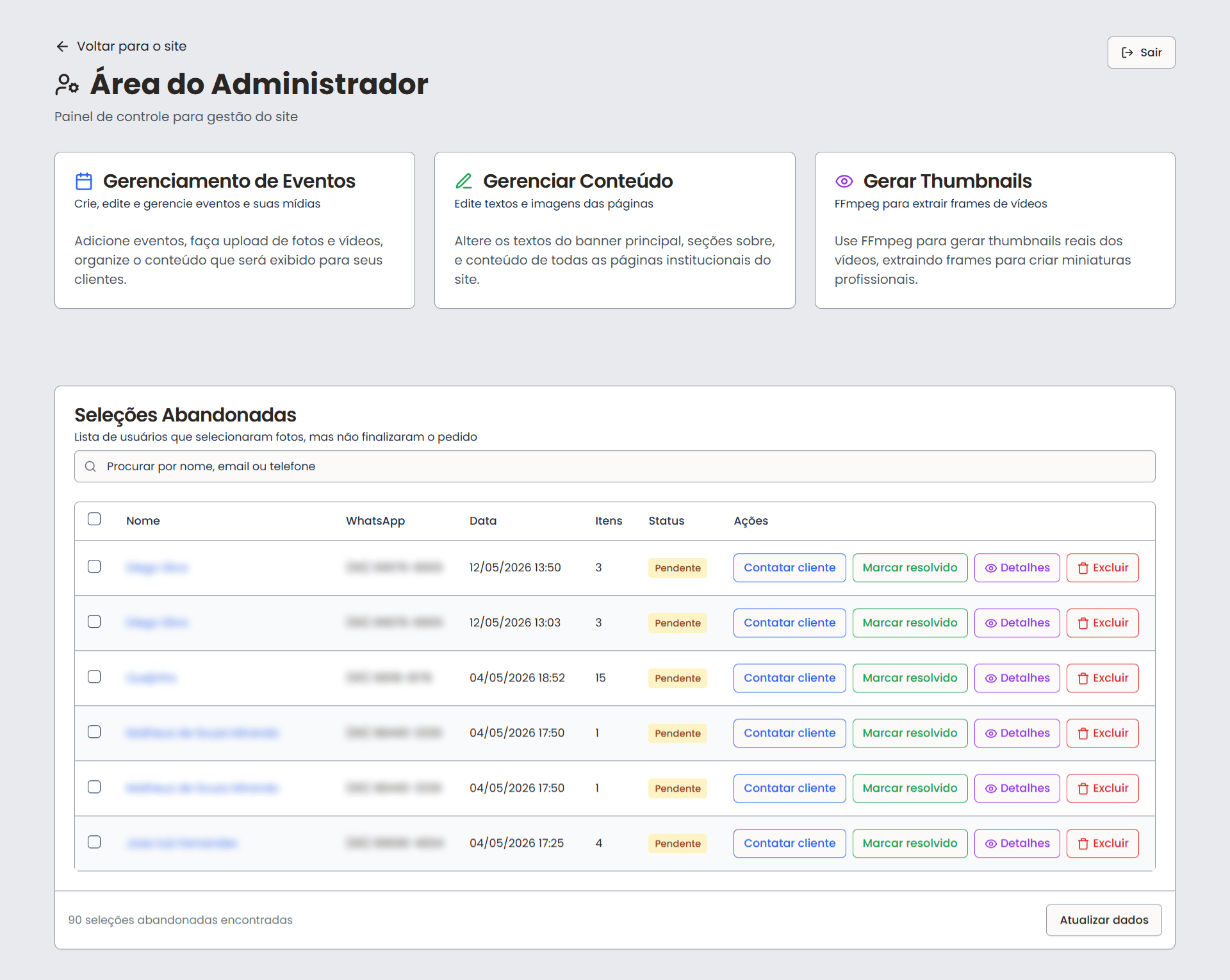 Painel administrador com seleções abandonadas